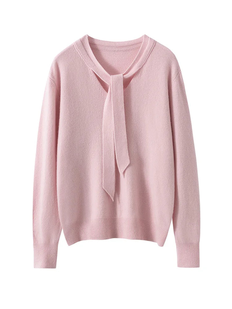 Women 100% Cashmere Sweater Ribbon V-neck Design Pullovers Autumn Winter French Retro Style Soft Knitwear Clothing Tops High-end