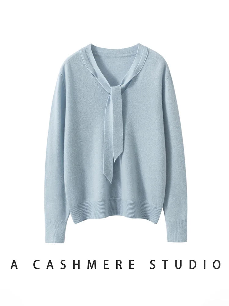 Women 100% Cashmere Sweater Ribbon V-neck Design Pullovers Autumn Winter French Retro Style Soft Knitwear Clothing Tops High-end
