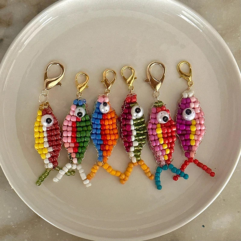 10pcs Colorful Bead Small Fish Pendant Keychain Phone Case Bag Charms Backpack