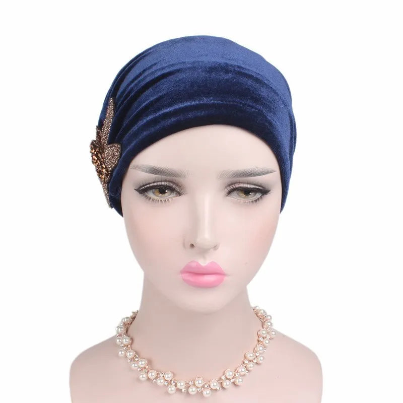 New Jewelry Velvet Turban Caps Muslim Rhinestone Hijab Scarf Bonnet Women Headband Turbans Islamic Wrap Head Scarves
