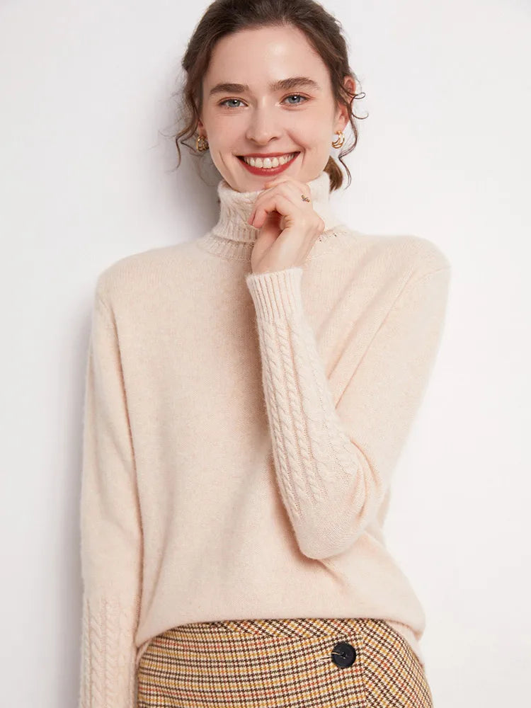 Autumn Winter 100% Merino Wool Sweater Women Turtleneck Twist Flower Sleeve Pullover Basics Warm Knitwear Cashmere Clothing Tops