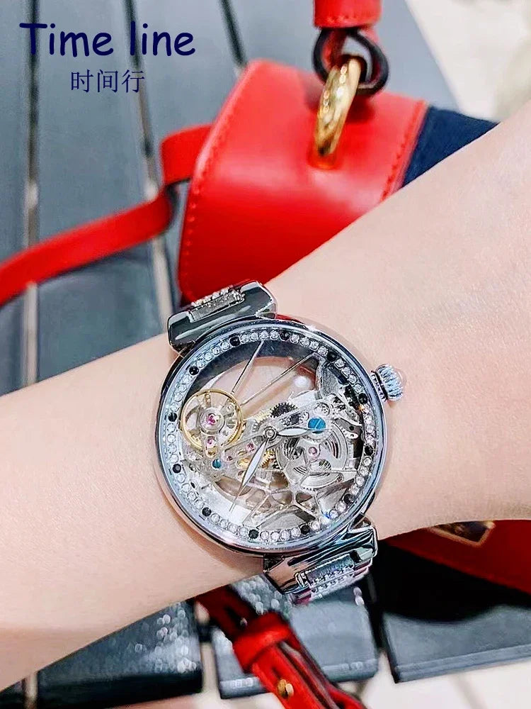Transparent hollow niche rhinestone cool tourbillon fully automatic mechanical women's watch