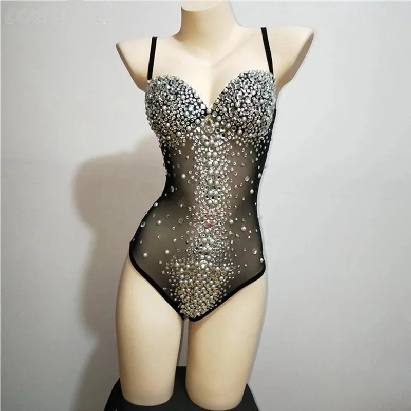 Female Singer Sexy Mesh Luxury Full Diamond Onesie With Triangular High Fork - Stage Performance & Photo Suit Elegant Ball Gowns