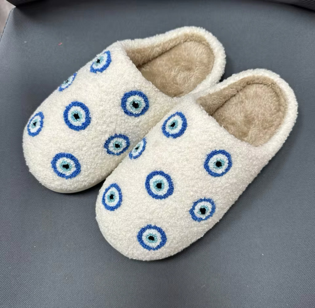 Blue small evil eyes dolt Winter or Summer Plush Slippers  Warm Slipper Fashion Cozy Shoes