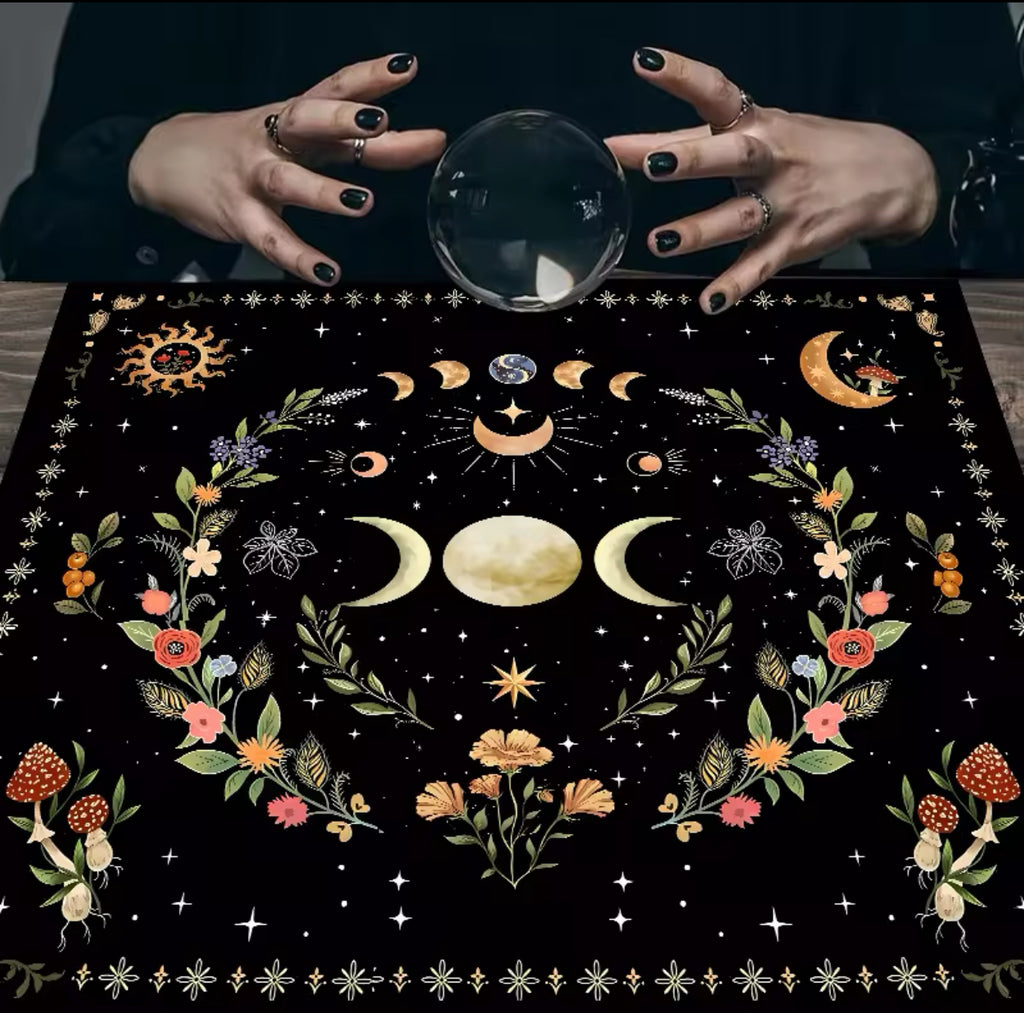 Triple Moon Floral Botanical Tarot Cloth Alter Tarot Table Cloth Wiccan Spread Top Cloth Spiritual Witchery Table for Divination