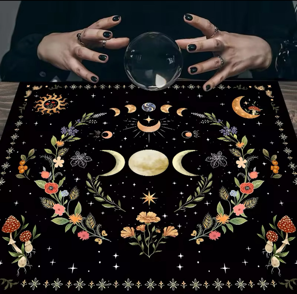 Triple Moon Floral Botanical Tarot Cloth Alter Tarot Table Cloth Wiccan Spread Top Cloth Spiritual Witchery Table for Divination