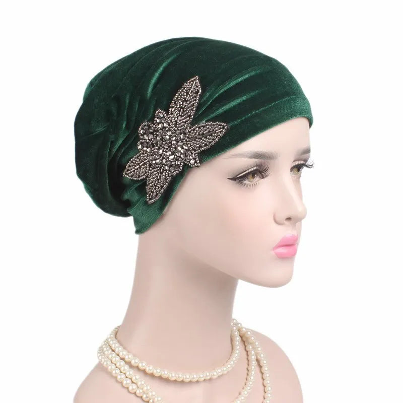 New Jewelry Velvet Turban Caps Muslim Rhinestone Hijab Scarf Bonnet Women Headband Turbans Islamic Wrap Head Scarves