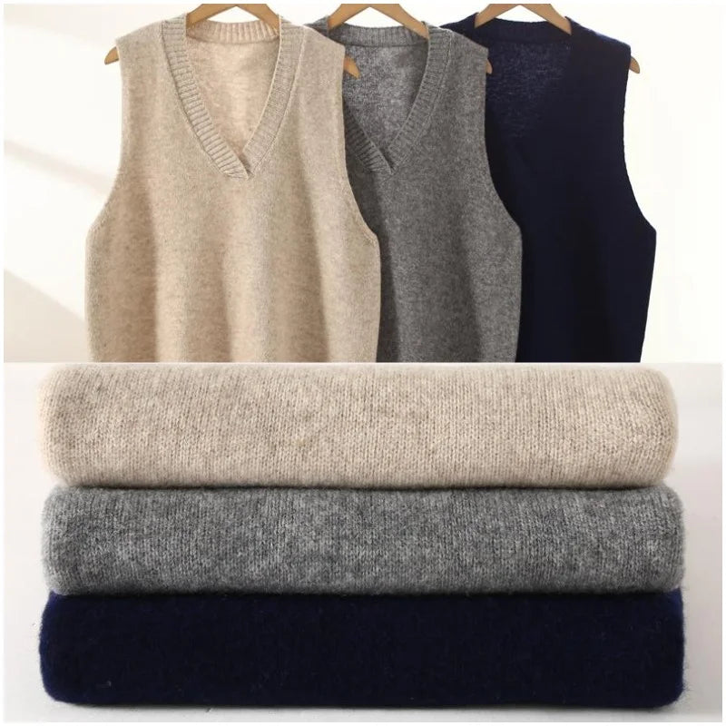 Women V-neck Vest Pullover Autumn Winter 100% Merino Wool Sweater Sleeveless Knitwear Irregular Hem Cashmere Waistcoat Clothing