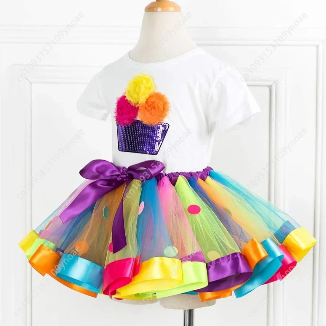 Cake Skirt 2 Piece Set Cute Women Teenager Tutu Skirt Cotton Short Sleeve Top Rainbow Polka Dot Ballet Skirts Necklace Bracelet