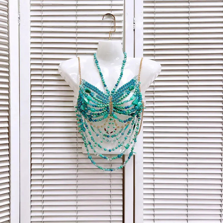 GACVGA Beading Body Chain Halter Camisole Vest Hollow Out Tank Top Body Jewelry Bustier Fashion Bra Women Beach Club Crop Top