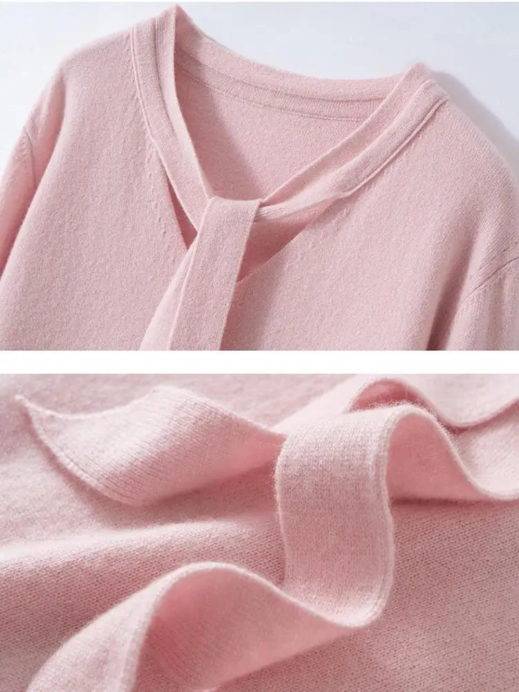 Women 100% Cashmere Sweater Ribbon V-neck Design Pullovers Autumn Winter French Retro Style Soft Knitwear Clothing Tops High-end