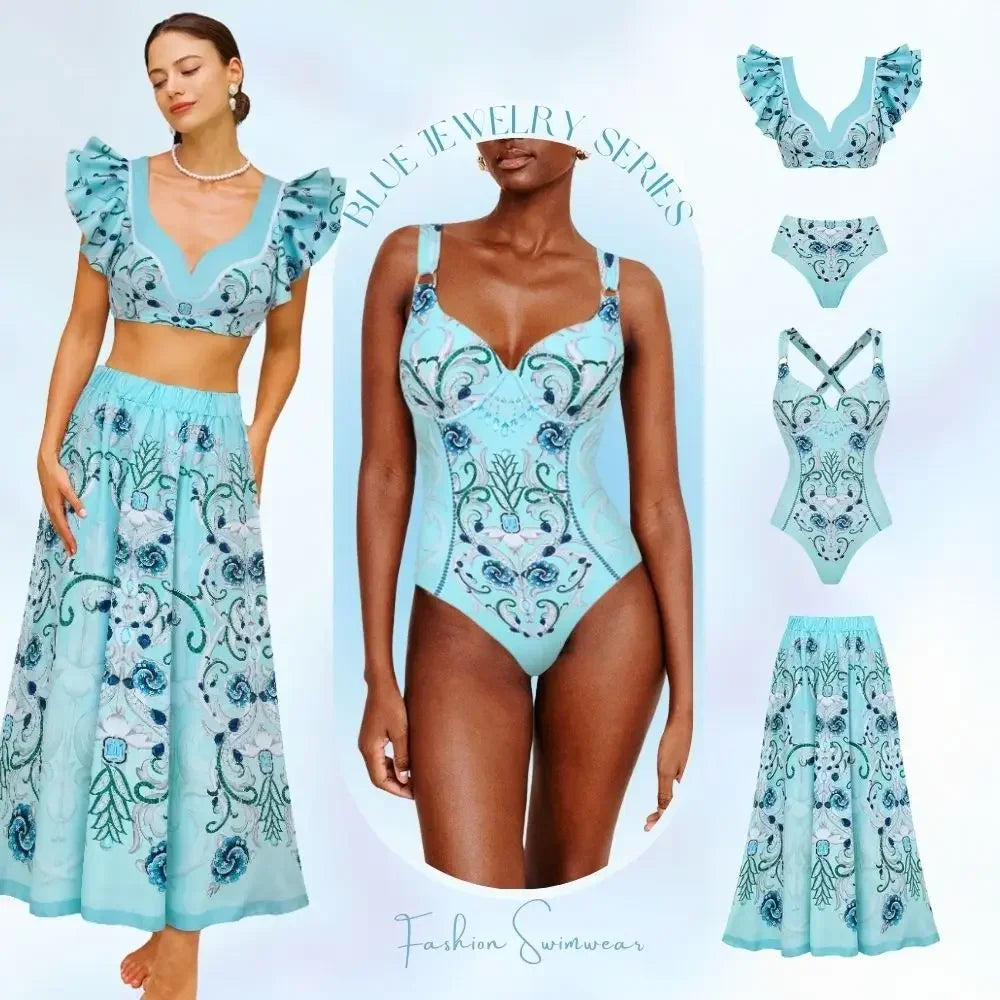 Flaxmaker Blue Jewelry Pattern Print Swimsuit and Sarong Flaxmaker  Bathing Suit two-pieces