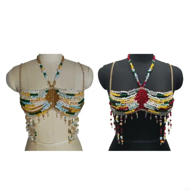 Exotic Colorful Beads Tassels Crop Top Halter Body Jewelry Chest Chain 6XDA