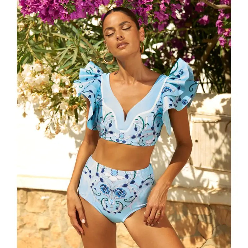 Flaxmaker Blue Jewelry Pattern Print Swimsuit and Sarong Flaxmaker  Bathing Suit two-pieces