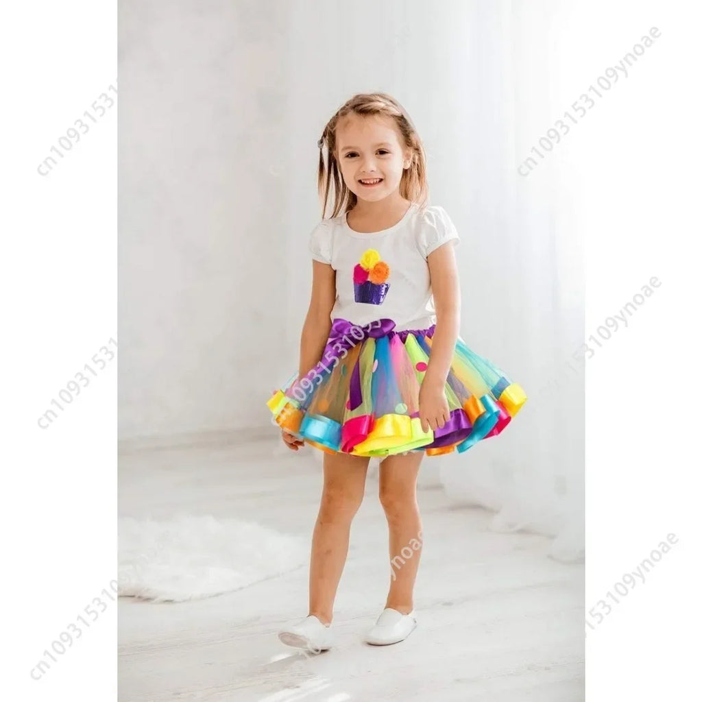 Cake Skirt 2 Piece Set Cute Women Teenager Tutu Skirt Cotton Short Sleeve Top Rainbow Polka Dot Ballet Skirts Necklace Bracelet