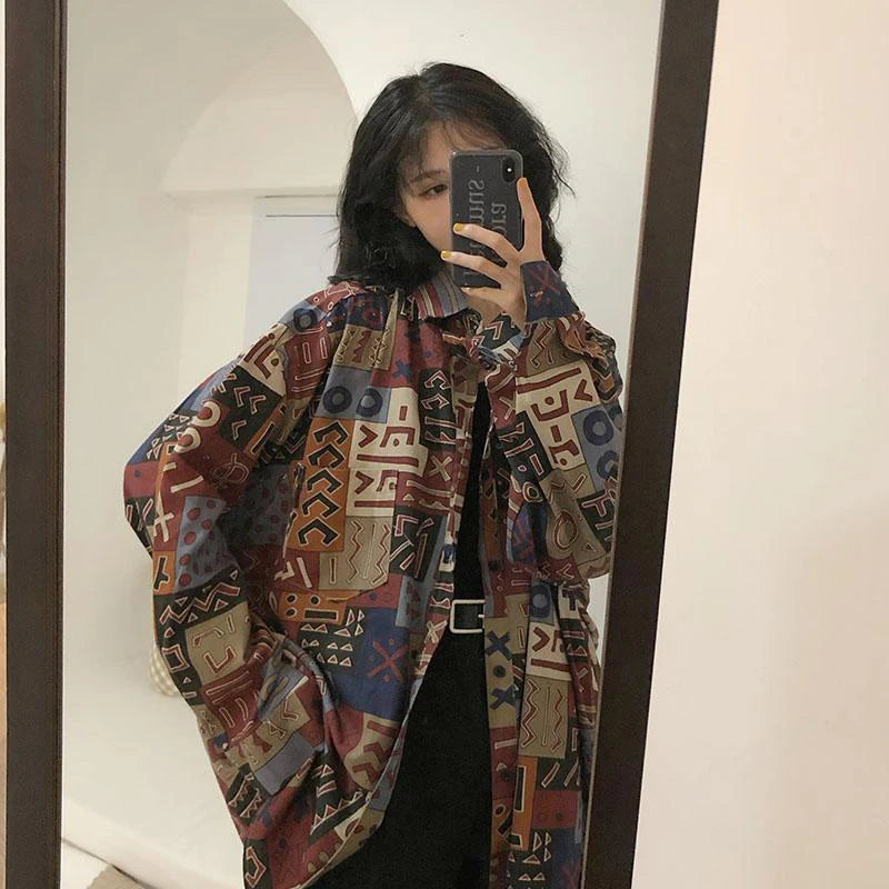 Vintage Harajuku Women Blouses Streetwear Oversized Korean Elegant Shirt Long Sleeve Female Y2K Casual Turn Down Collar Tops