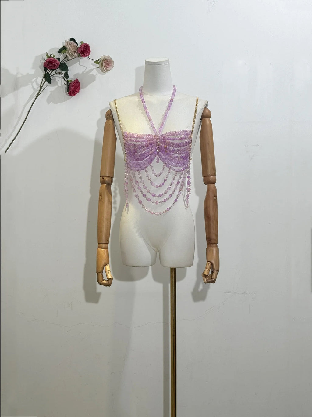 Sexy Women Handmade Body Chain Fashion Jewelry Bikini Bra Beaded Halter Romantic Tank Top Beahwear See Through Lingeie