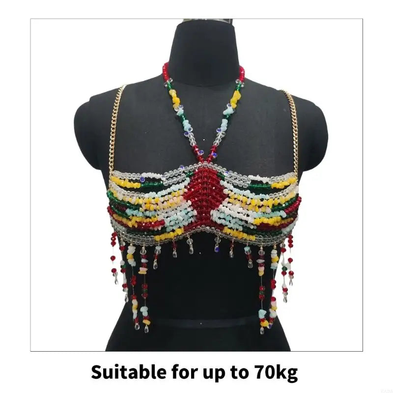 Exotic Colorful Beads Tassels Crop Top Halter Body Jewelry Chest Chain 6XDA