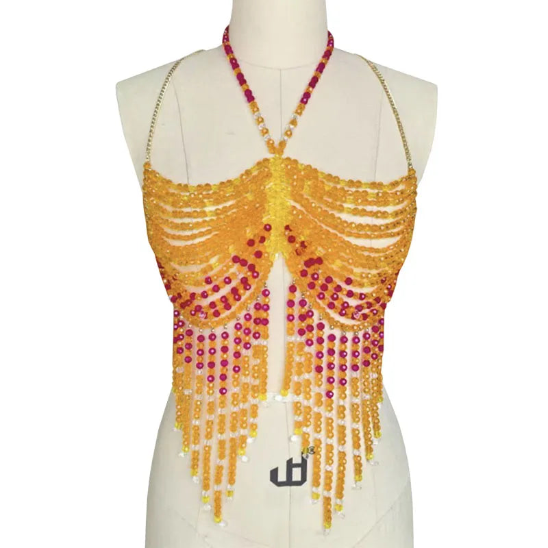 Handmade jewelry bra orange crystal halter neck hollow tassel top sexy body chain.