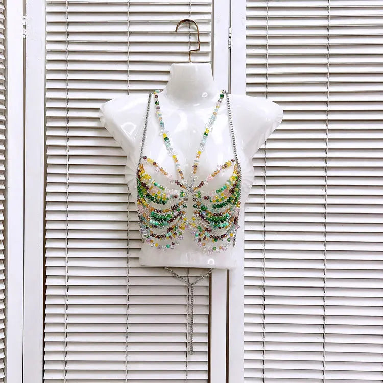 GACVGA Beading Body Chain Halter Camisole Vest Hollow Out Tank Top Body Jewelry Bustier Fashion Bra Women Beach Club Crop Top