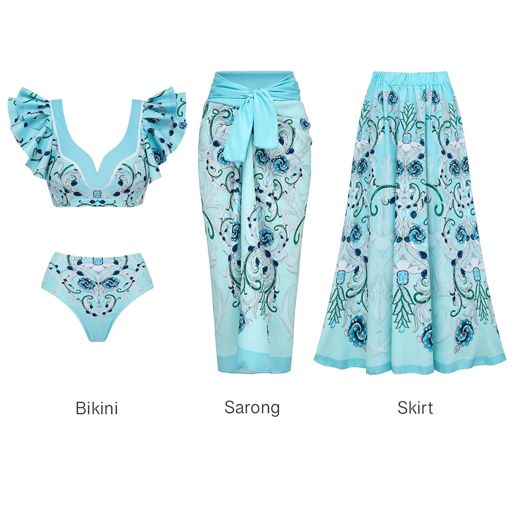Flaxmaker Blue Jewelry Pattern Print Swimsuit and Sarong Flaxmaker  Bathing Suit two-pieces