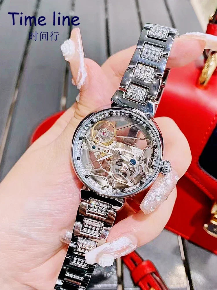 Transparent hollow niche rhinestone cool tourbillon fully automatic mechanical women's watch