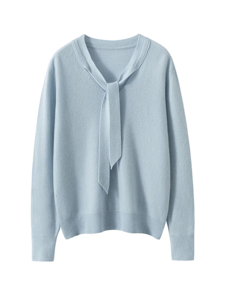 Women 100% Cashmere Sweater Ribbon V-neck Design Pullovers Autumn Winter French Retro Style Soft Knitwear Clothing Tops High-end