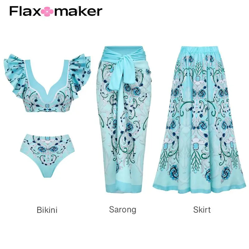 Flaxmaker Blue Jewelry Pattern Print Swimsuit and Sarong Flaxmaker  Bathing Suit two-pieces