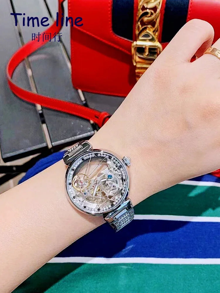 Transparent hollow niche rhinestone cool tourbillon fully automatic mechanical women's watch