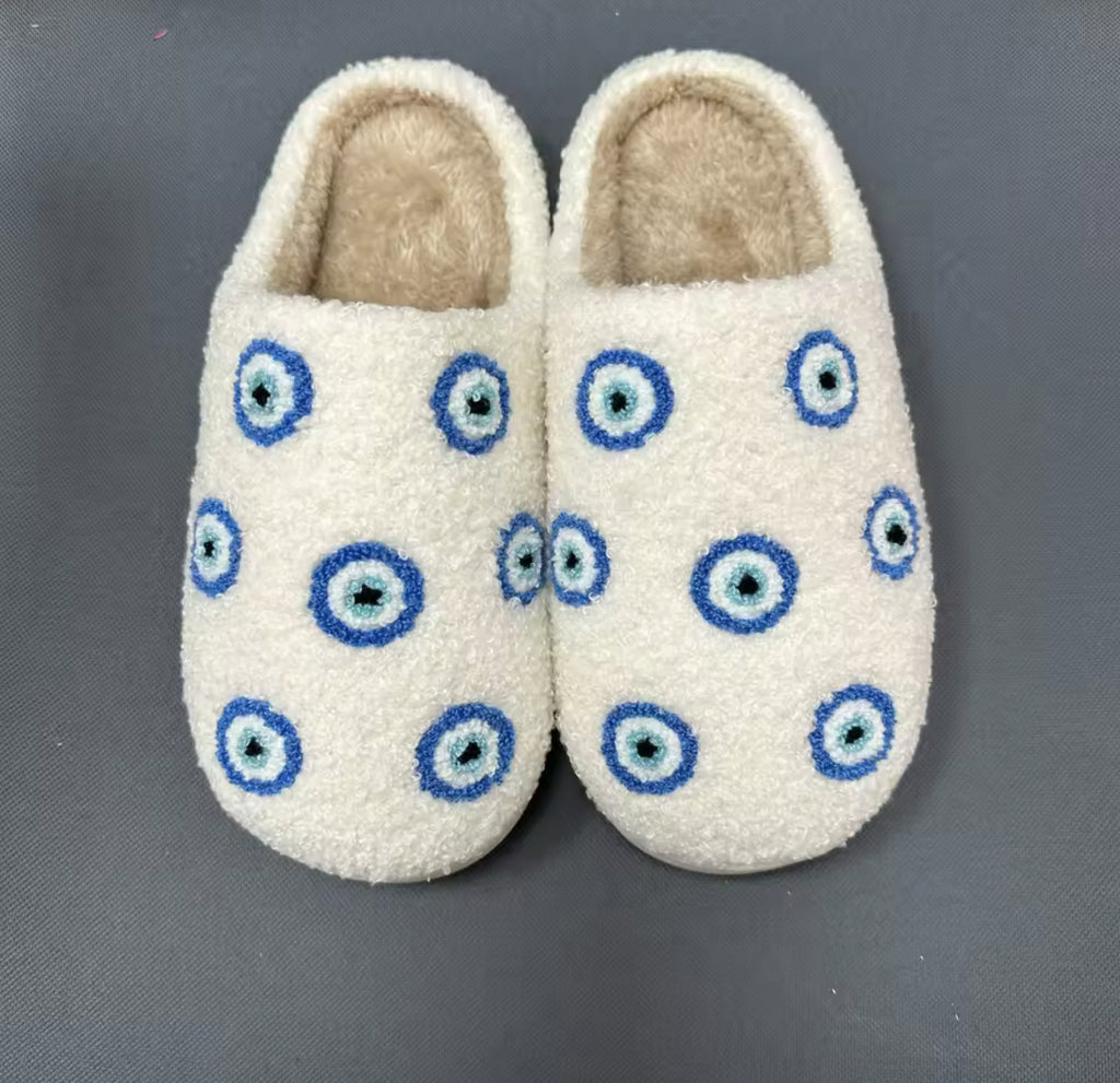 Blue small evil eyes dolt Winter or Summer Plush Slippers  Warm Slipper Fashion Cozy Shoes