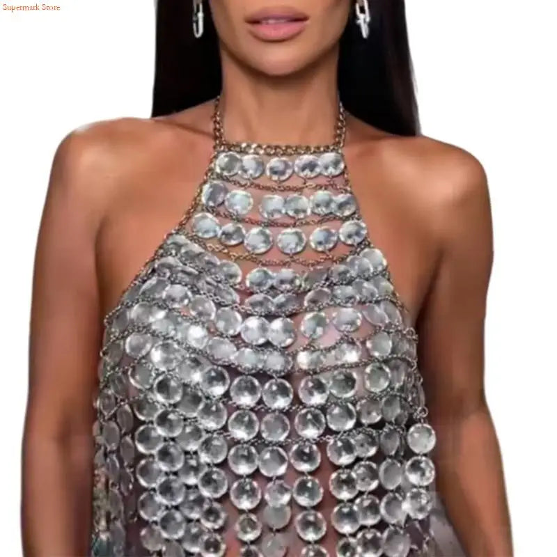 Q5WE Layered Acrylic Crystal Tassels Chest Chain Halterneck Crop Top Nightclub Body Jewelry Backless Camisole for Women