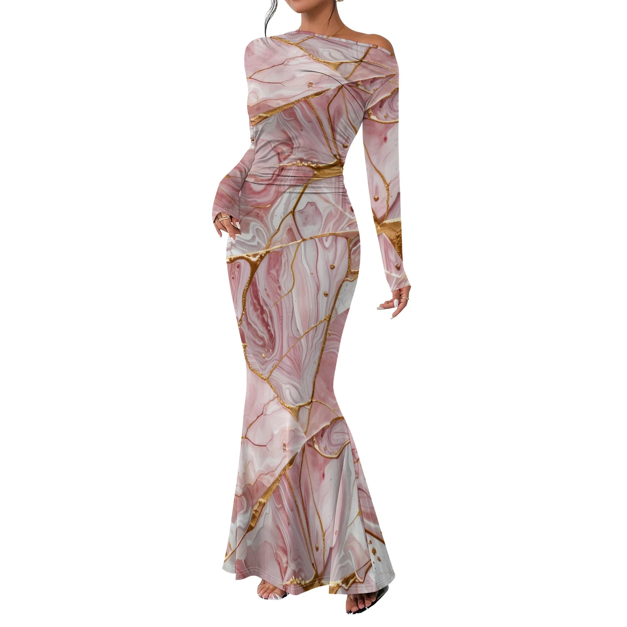 Women's  Casual Long Dresses Off Shoulder Long Sleeve Dress