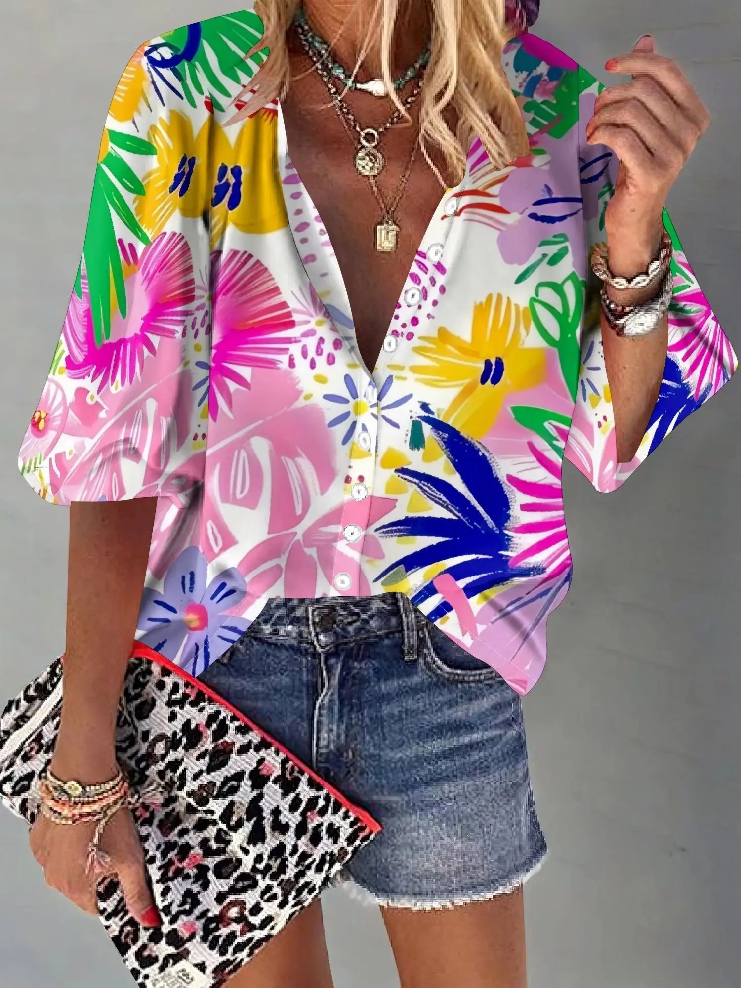 Womens Button Neon Flowers Shirt Short Sleeve