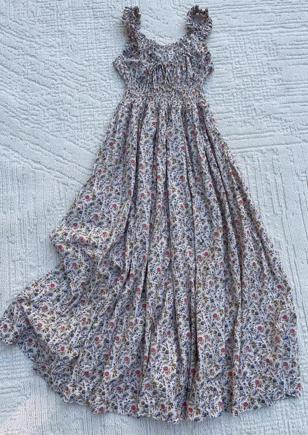 Pure Cotton Women Floral Printed Vest Dress U-Neck Sleeveless Elastic Waist Elegant Ladies Robe