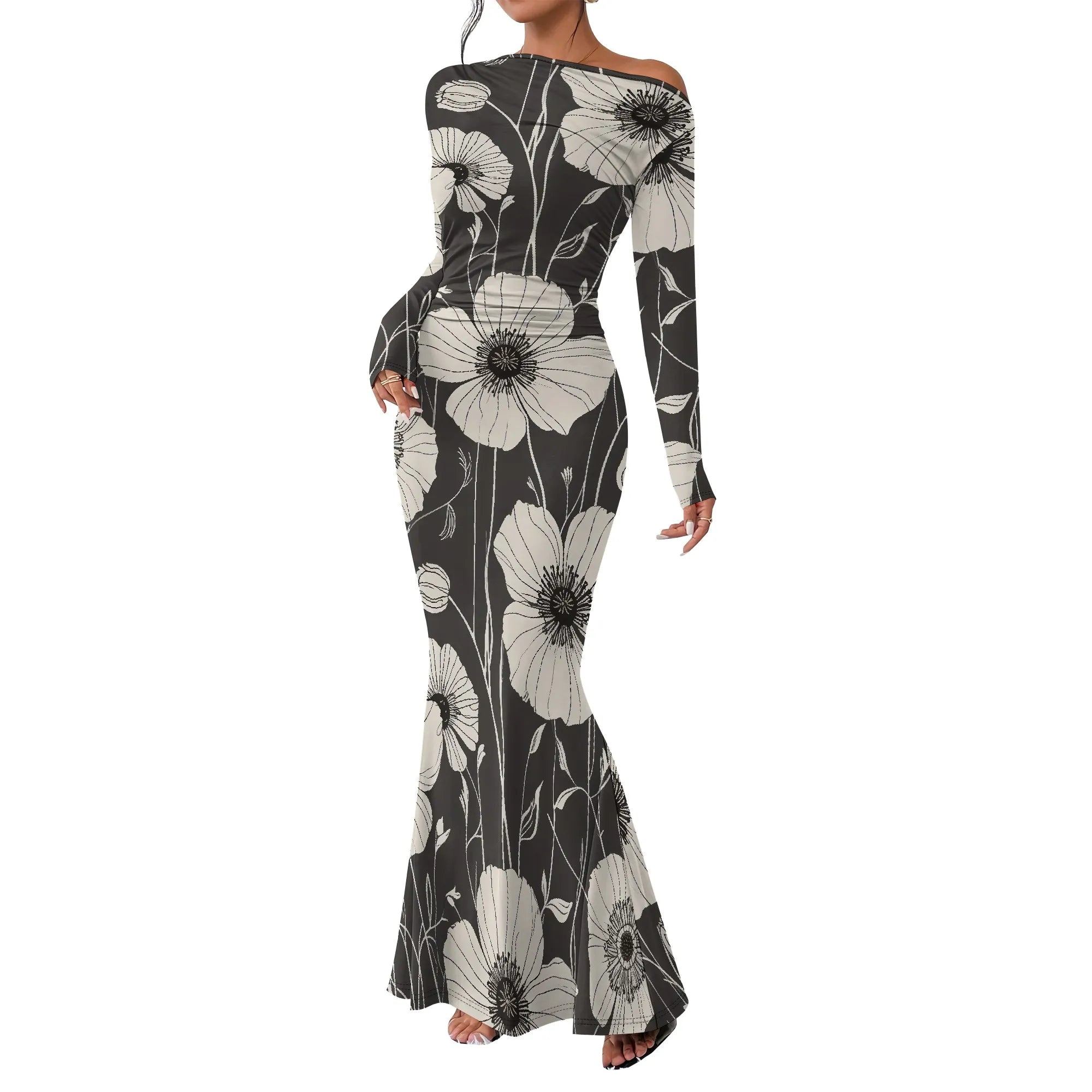 Women's  Casual Long Dresses Off Shoulder Long Sleeve Dress