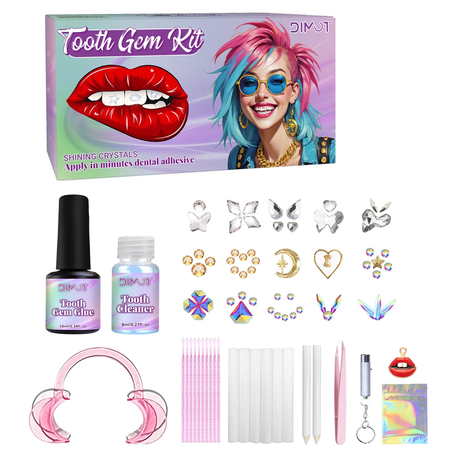 Tooth Gem Kit Tooth DIY Crystals Jewelry with Glue and Light Starter Tooth Gems Kit for Teeth Shining Temporary Teeth Crystal