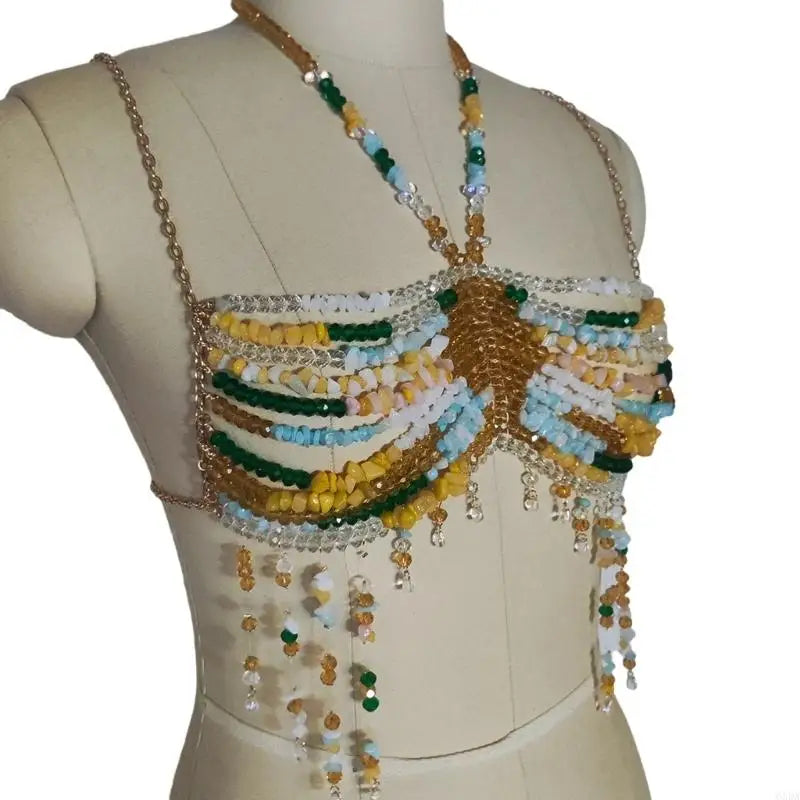 Exotic Colorful Beads Tassels Crop Top Halter Body Jewelry Chest Chain 6XDA