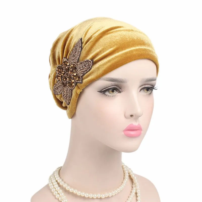 New Jewelry Velvet Turban Caps Muslim Rhinestone Hijab Scarf Bonnet Women Headband Turbans Islamic Wrap Head Scarves