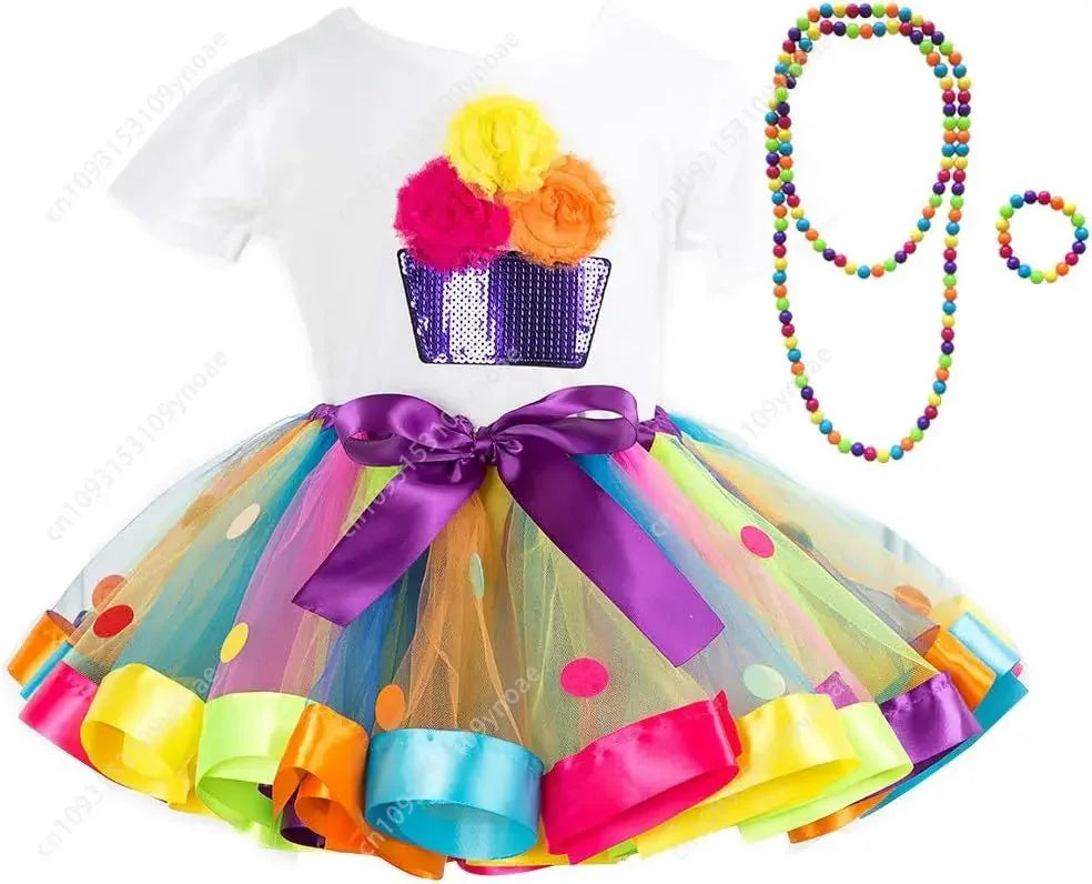 Cake Skirt 2 Piece Set Cute Women Teenager Tutu Skirt Cotton Short Sleeve Top Rainbow Polka Dot Ballet Skirts Necklace Bracelet