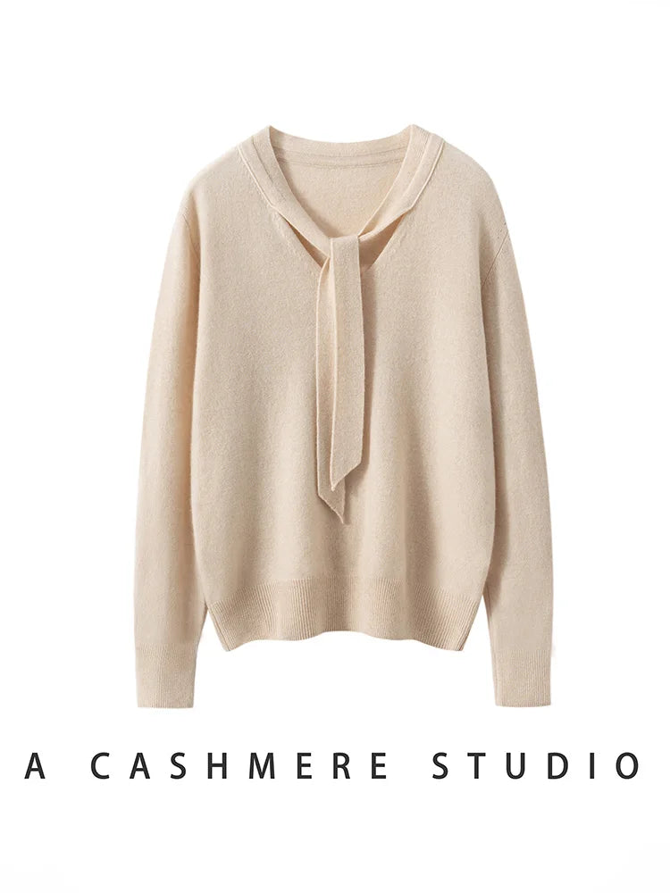 Women 100% Cashmere Sweater Ribbon V-neck Design Pullovers Autumn Winter French Retro Style Soft Knitwear Clothing Tops High-end