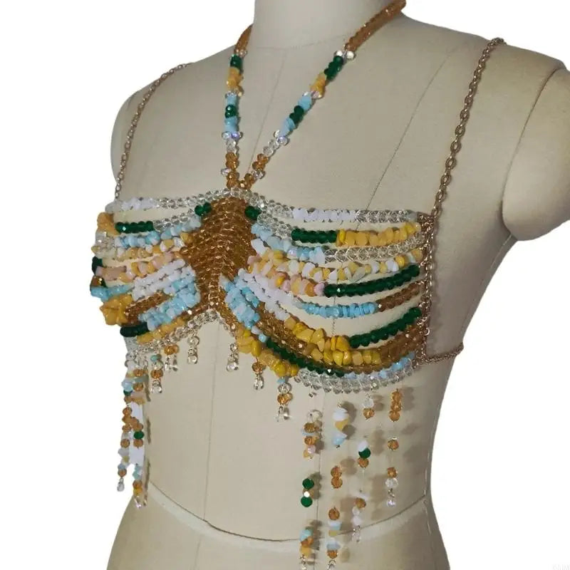 Exotic Colorful Beads Tassels Crop Top Halter Body Jewelry Chest Chain 6XDA