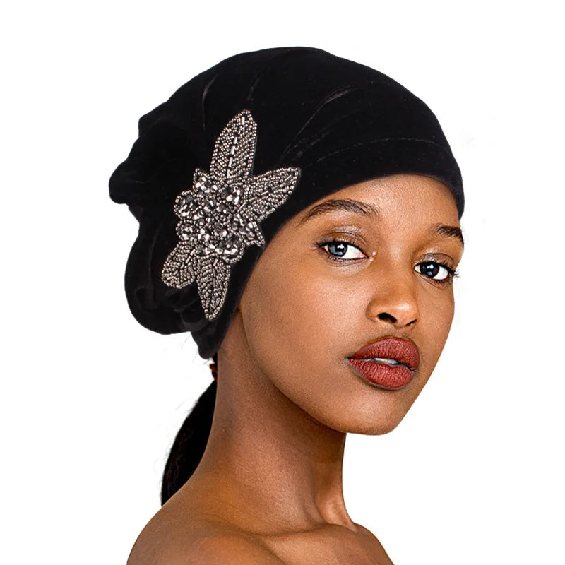 New Jewelry Velvet Turban Caps Muslim Rhinestone Hijab Scarf Bonnet Women Headband Turbans Islamic Wrap Head Scarves