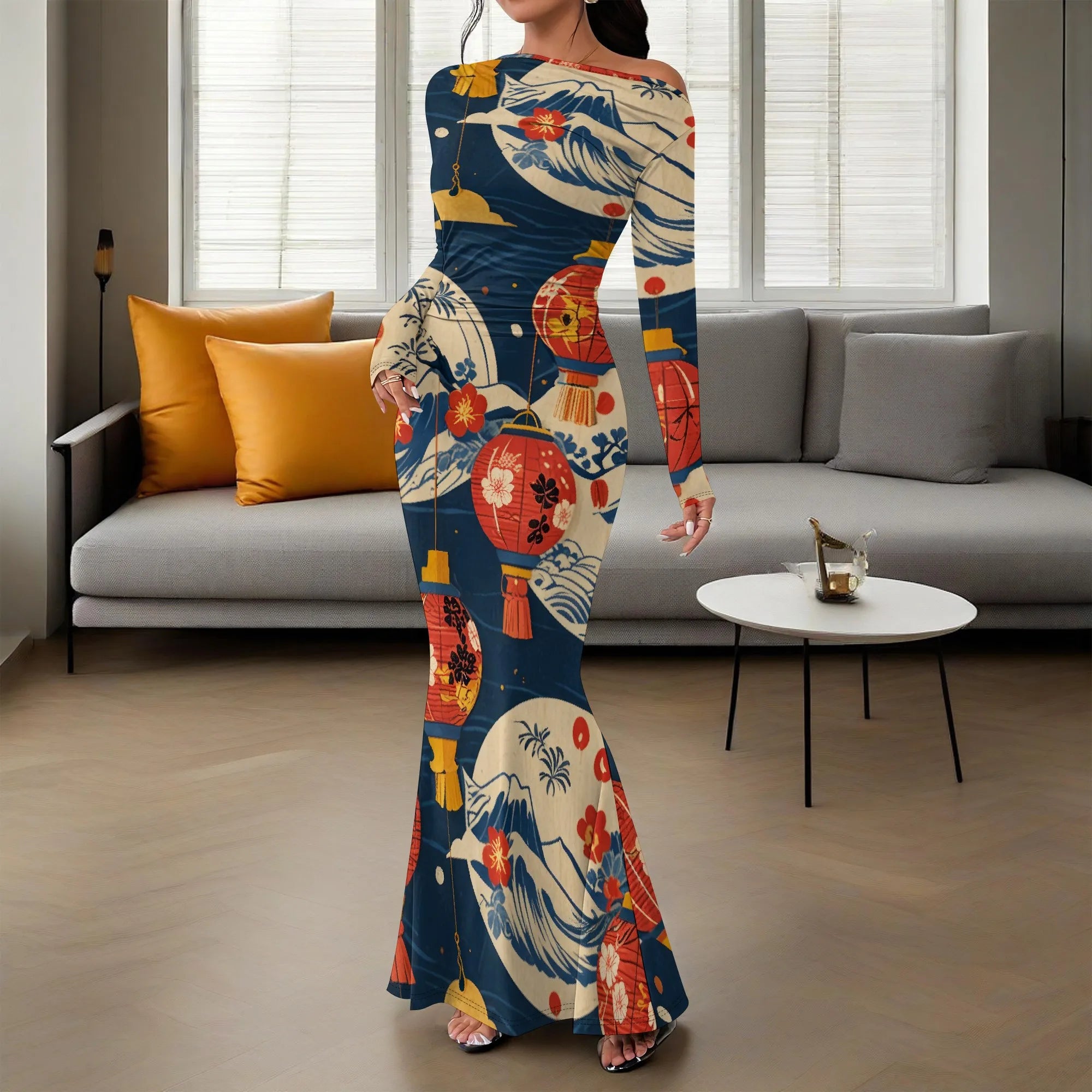 Women's  Casual Long Dresses Off Shoulder Long Sleeve Dress