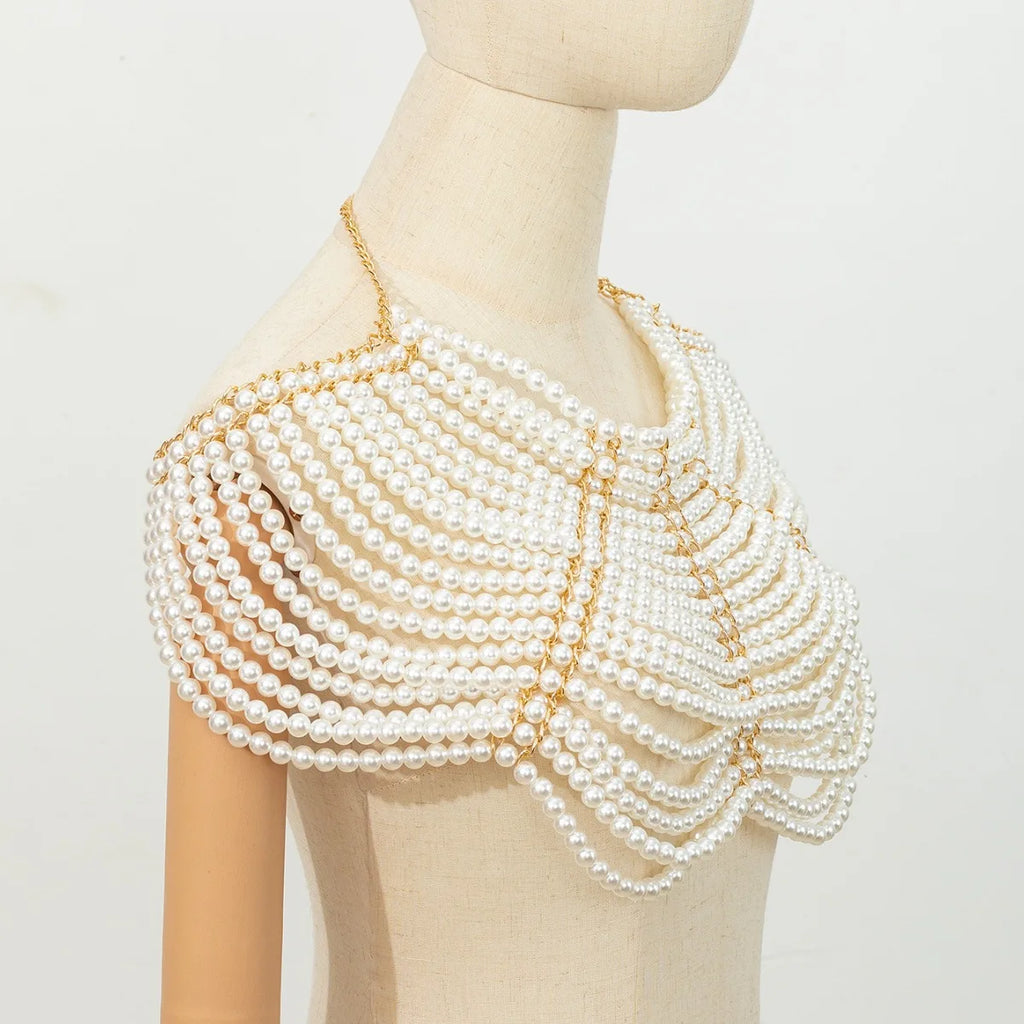 Luxury Ivory Pearls Woven Camisole Breast Chain Gown Dress Pearls Shoulder Chain Jewelry Party Night Clubwear Body Chain
