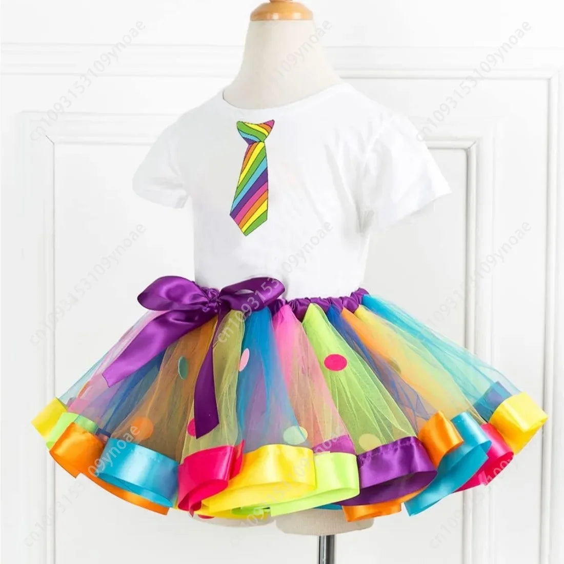 Cake Skirt 2 Piece Set Cute Women Teenager Tutu Skirt Cotton Short Sleeve Top Rainbow Polka Dot Ballet Skirts Necklace Bracelet