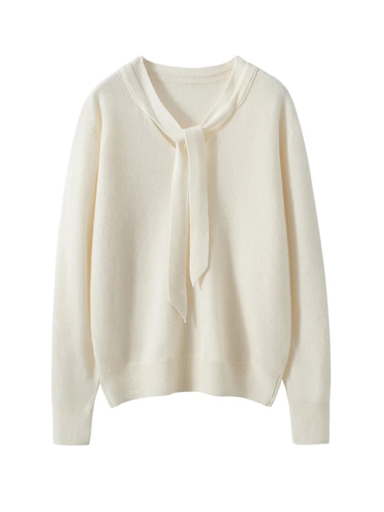 Women 100% Cashmere Sweater Ribbon V-neck Design Pullovers Autumn Winter French Retro Style Soft Knitwear Clothing Tops High-end