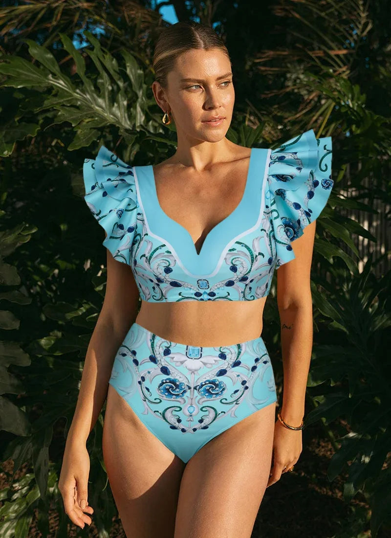 Flaxmaker Blue Jewelry Pattern Print Swimsuit and Sarong Flaxmaker  Bathing Suit two-pieces