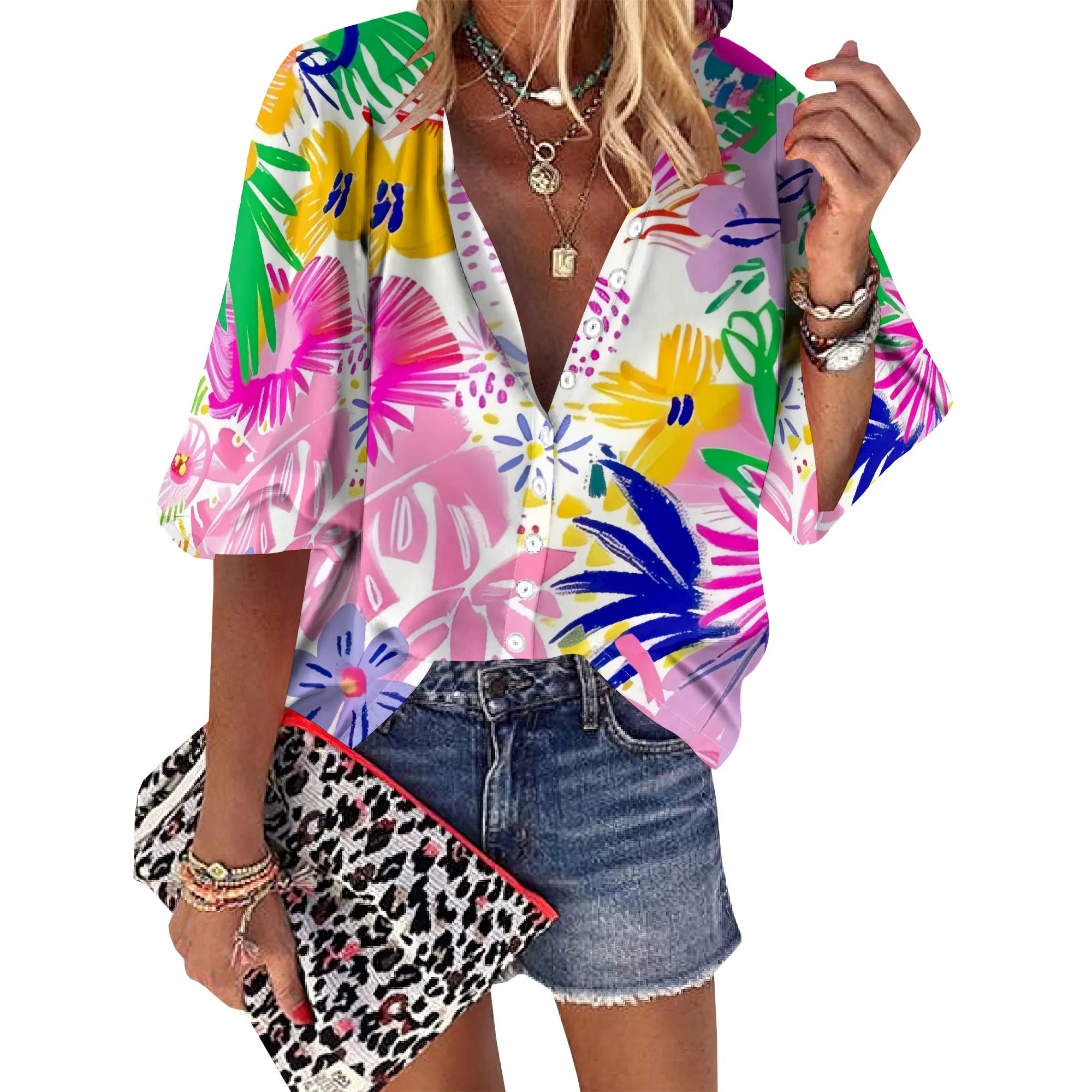Womens Button Neon Flowers Shirt Short Sleeve