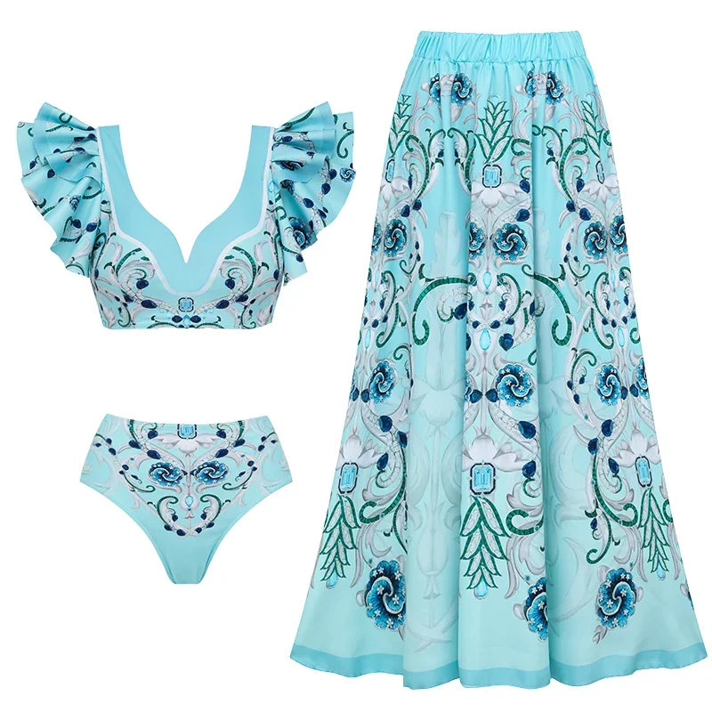Flaxmaker Blue Jewelry Pattern Print Swimsuit and Sarong Flaxmaker  Bathing Suit two-pieces