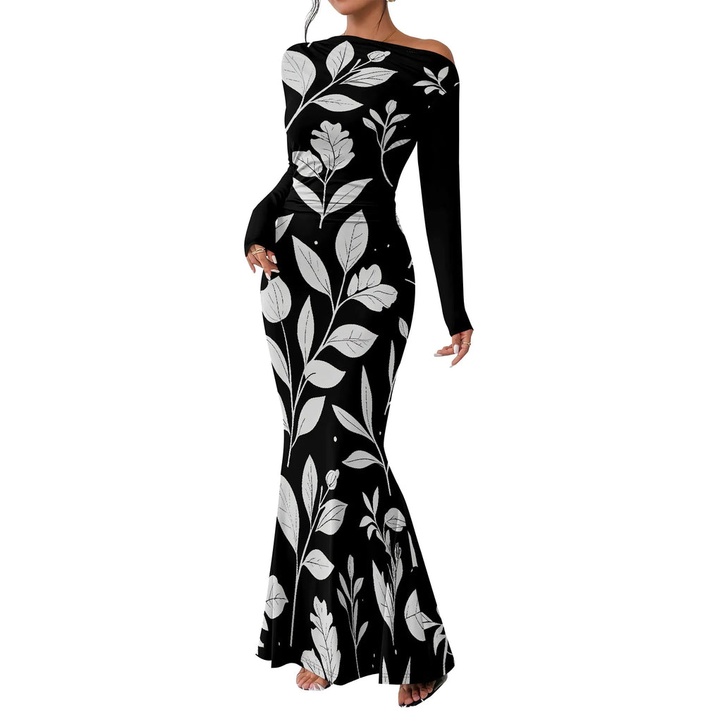 Women's  Casual Long Dresses Off Shoulder Long Sleeve Dress